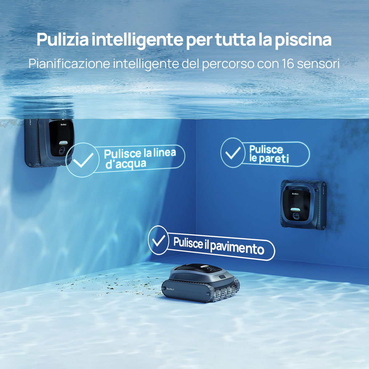 Beatbot AquaSense 2 pulizia fondo, pareti e linea d'acqua con 16 sensori